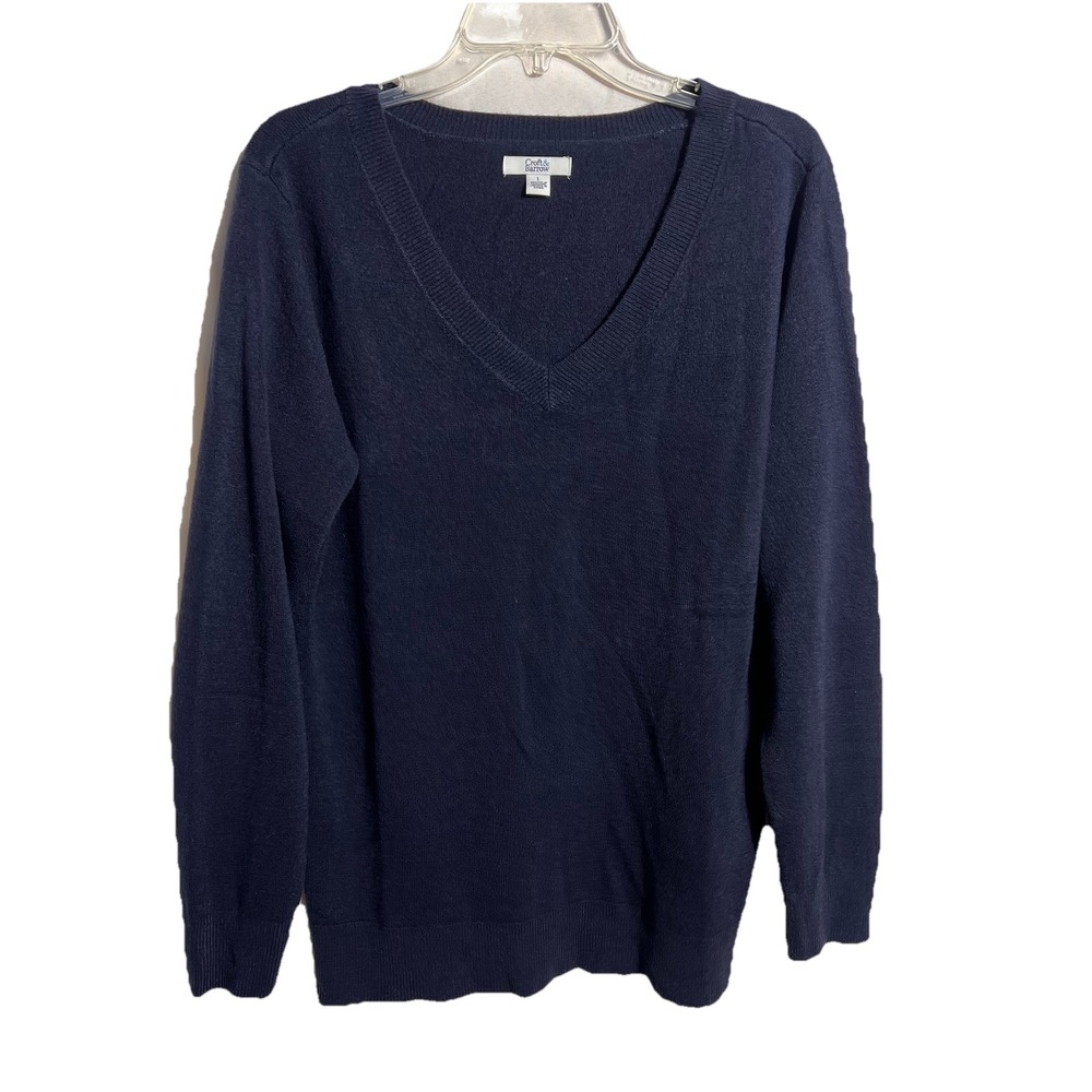 Women's Large Navy Blue V Neck Acrylic Long Sleeve Pullover‎ Sweater